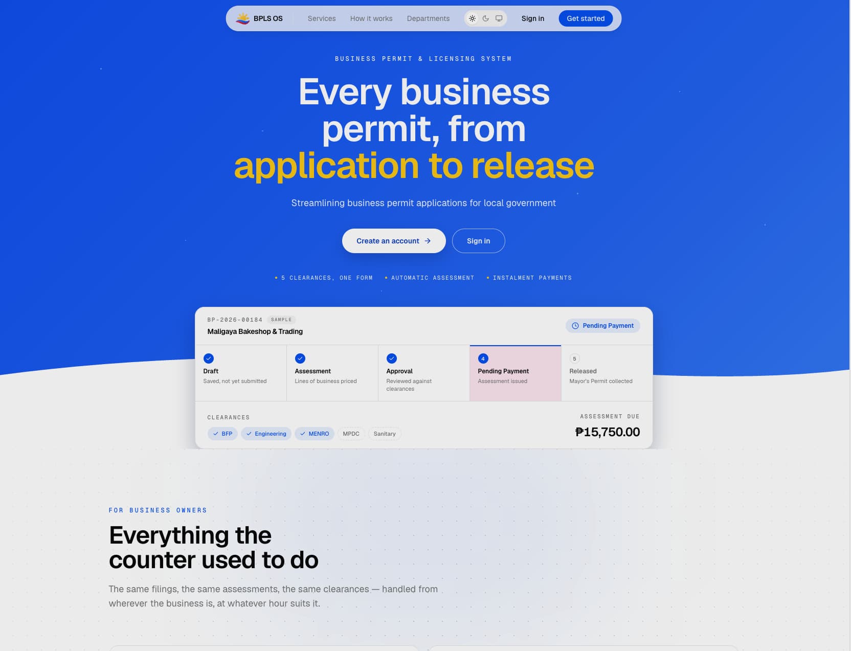 BPLS OS, the business permit portal, showing an application mid-assessment