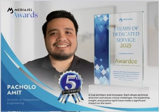 The MediaJel award card for five years of service, 2025