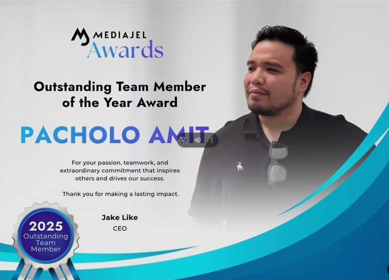 The MediaJel Awards slide naming Pacholo Amit Outstanding Team Member of the Year