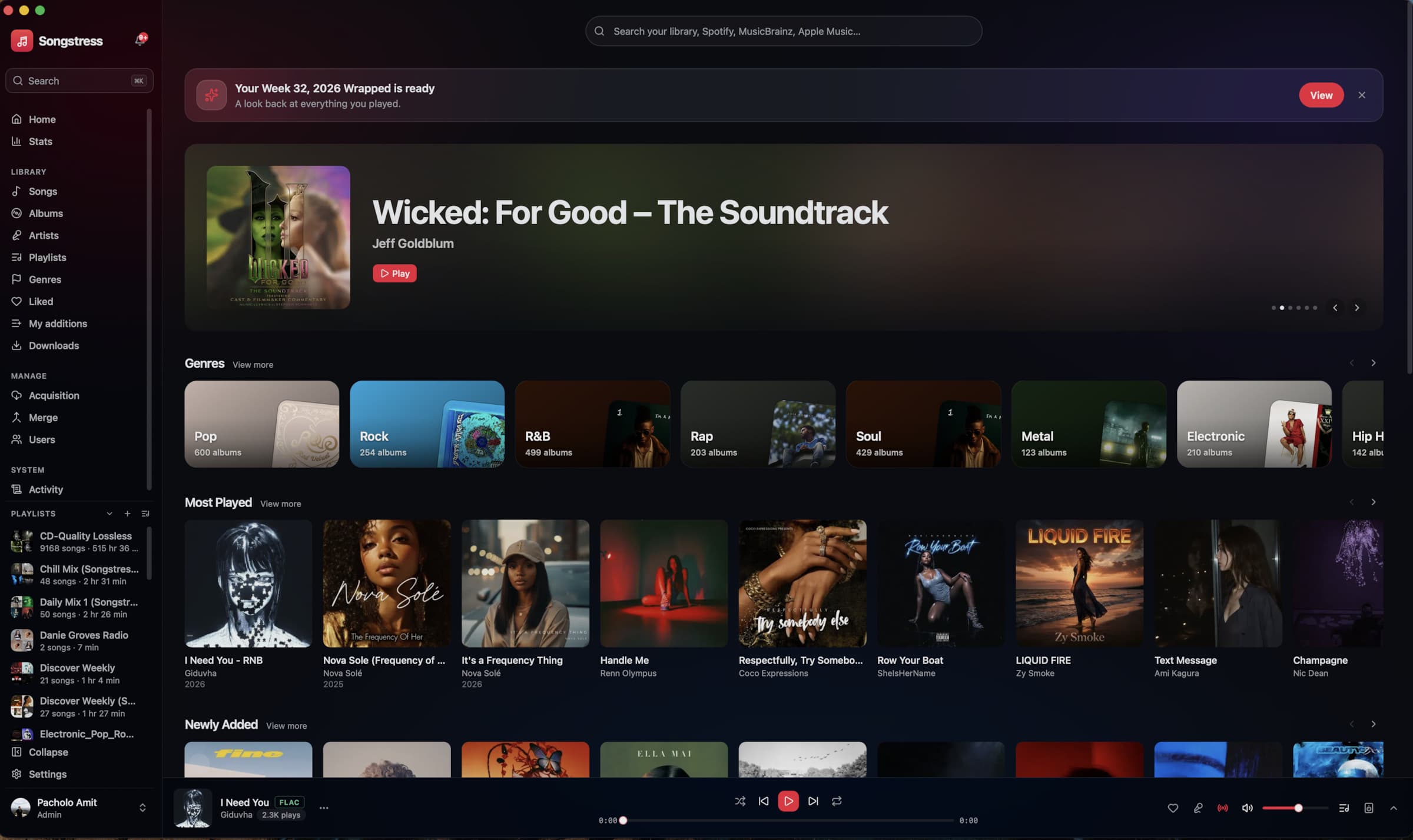 Songstress on the desktop, showing a library of genres and most-played albums